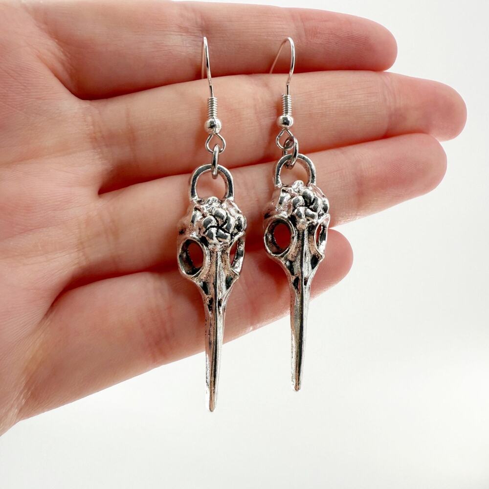 Raven Bird Skull Earrings, Antique Silver Bird Skulls, Gothic Jewelry